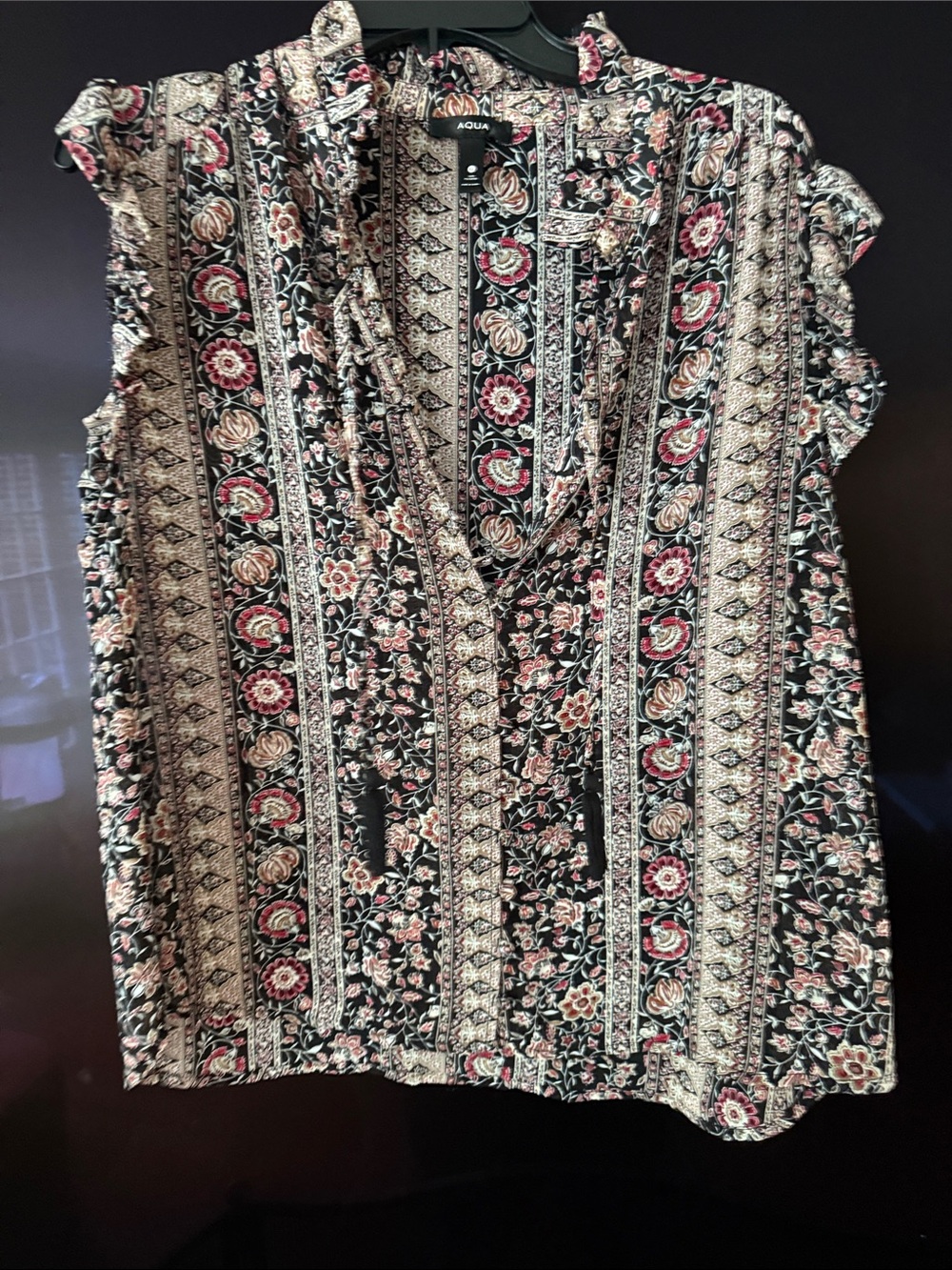 Aqua Black Floral Split V-Neck Ruffle Sleeve Camisole
